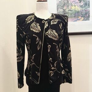 R&K Evening Vintage Black Velvet Gold Metallic Leaf Jacket – Size 8 – Made in US